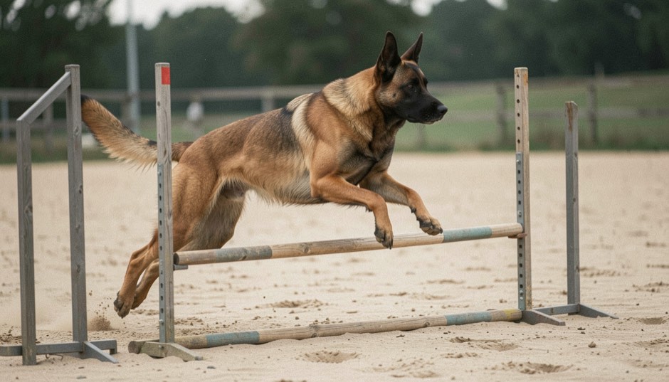 Muskulöser kurzhaariger Malinois, falbfarben mit schwarzer Maske und aufrecht dreieckigen Ohren, springt in gestrecktem Lauf über eine hölzerne Hürde auf einem Sandplatz
