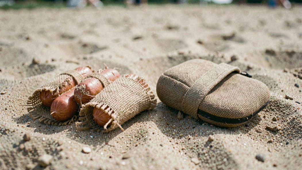 Zwei Beißwürste aus Jute und ein gepolsterter Schutzarm liegen nebeneinander auf einem Sandplatz
