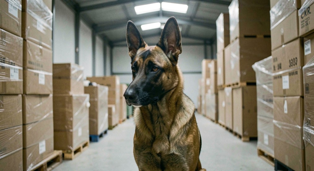 Kurzhaariger falbfarbener Malinois mit schwarzer Maske und aufrecht dreieckigen Ohren sucht konzentriert zwischen gestapelten Kisten in einer leeren Lagerhalle unter kaltem Deckenlicht