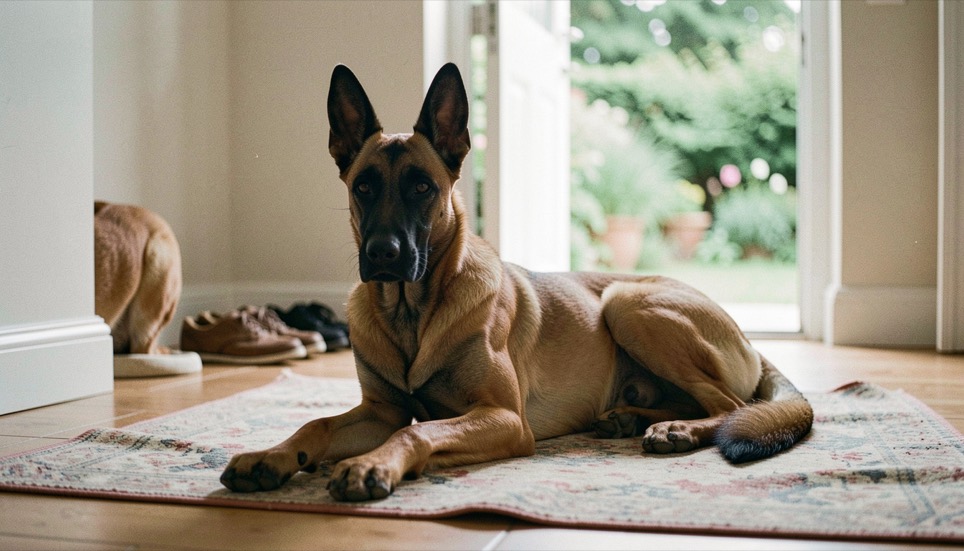 Kurzhaariger falbfarbener Malinois mit schwarzer Maske und aufrecht dreieckigen Ohren liegt ruhig auf einer Decke im Flur eines Wohnhauses, im Hintergrund stehen Schuhe und eine offene Tür zum Garten