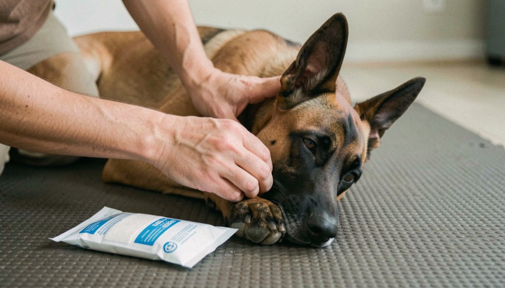 Hände untersuchen die Vorderpfote eines liegenden kurzhaarigen falbfarbenen Malinois mit schwarzer Maske und aufrecht dreieckigen Ohren auf einer Gummimatte, daneben liegt ein Verbandpäckchen