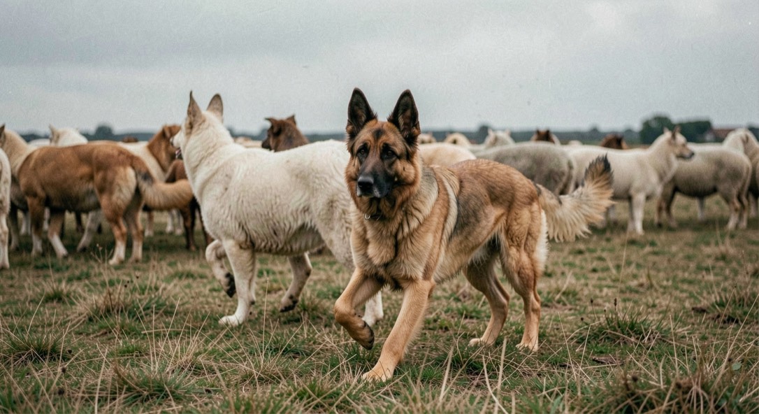 Kurzhaariger falbfarbener Belgischer Schäferhund mit schwarzer Maske, aufrecht dreieckigen Ohren und schlankem quadratischem Körperbau läuft am Rand einer Schafherde über eine flache Weide unter grauem Himmel