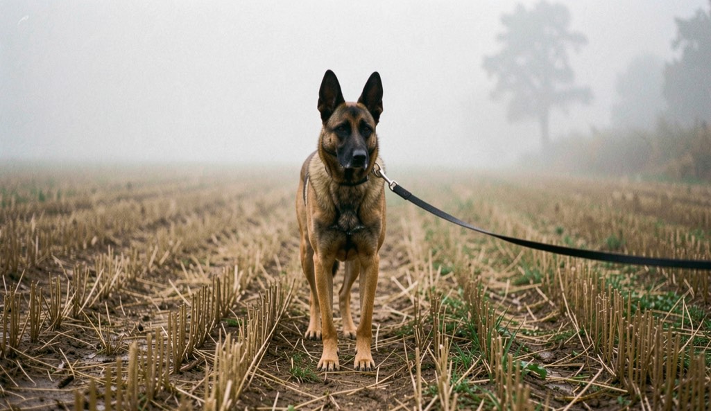 Kurzhaariger falbfarbener Malinois mit schwarzer Maske und aufrecht dreieckigen Ohren arbeitet mit tiefer Nase an langer Leine eine Fährte über einen abgeernteten Acker im Morgennebel