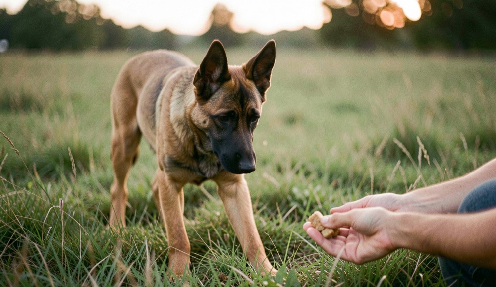 Junger kurzhaariger falbfarbener Malinois mit beginnender schwarzer Maske und aufrecht dreieckigen Ohren folgt aufmerksam einer Hand mit Futterstück auf einer Wiese am frühen Abend