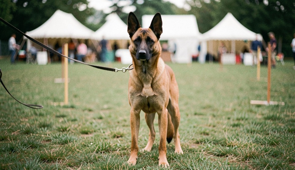 Kurzhaariger falbfarbener Malinois mit schwarzer Maske und aufrecht dreieckigen Ohren steht ausgestellt an lockerer Leine auf kurzem Rasen, im Hintergrund unscharf ein abgesteckter Ring mit Zelten