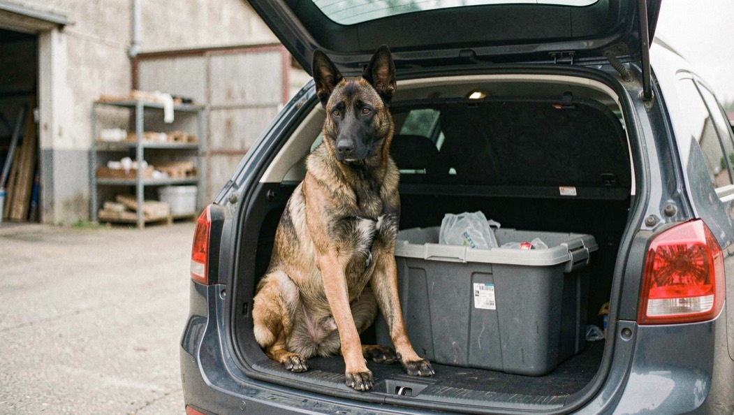 Aufmerksamer kurzhaariger falbfarbener Malinois mit schwarzer Maske und aufrecht dreieckigen Ohren sitzt vor einer geöffneten Transportbox im Kofferraum eines Kombis auf einem Hof