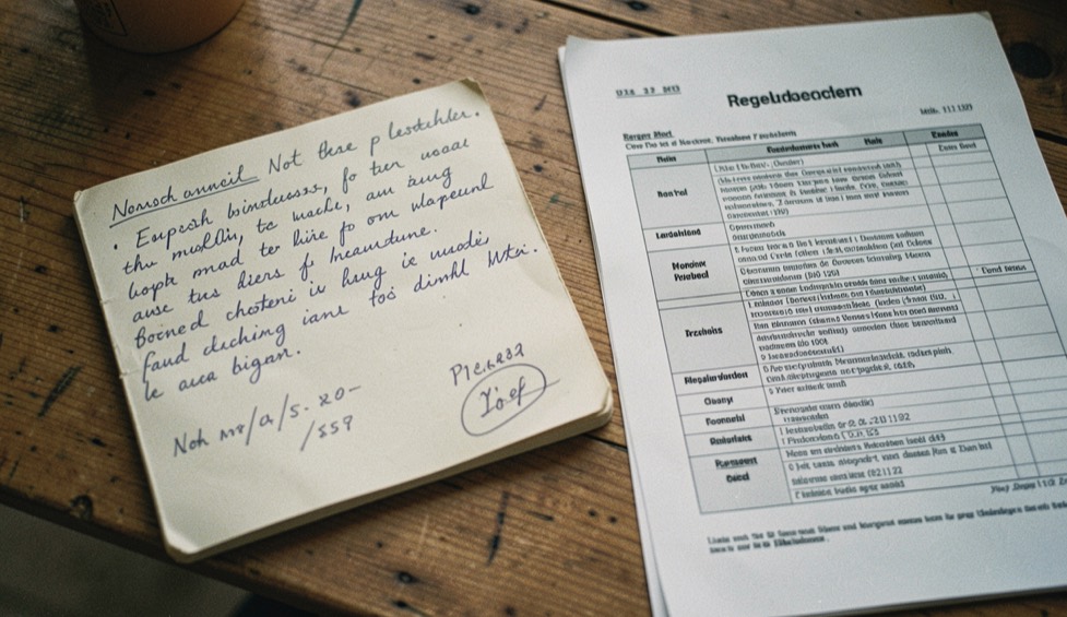 Aufgeschlagener Notizblock mit datierten handschriftlichen Einträgen neben einem ausgedruckten Regelwerk auf einem Holztisch