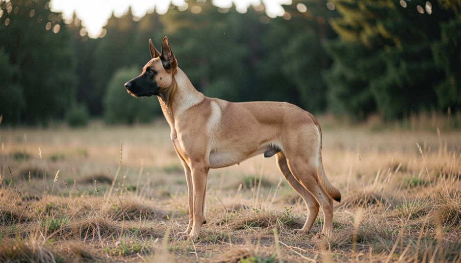 Belgischer Schäferhund Malinois, kurzhaarig falbfarben mit schwarzer Maske, aufrechte dreieckige Ohren und schlanker quadratischer Körperbau, steht im Profil auf einer trockenen Sommerwiese vor einem Waldrand im Abendlicht