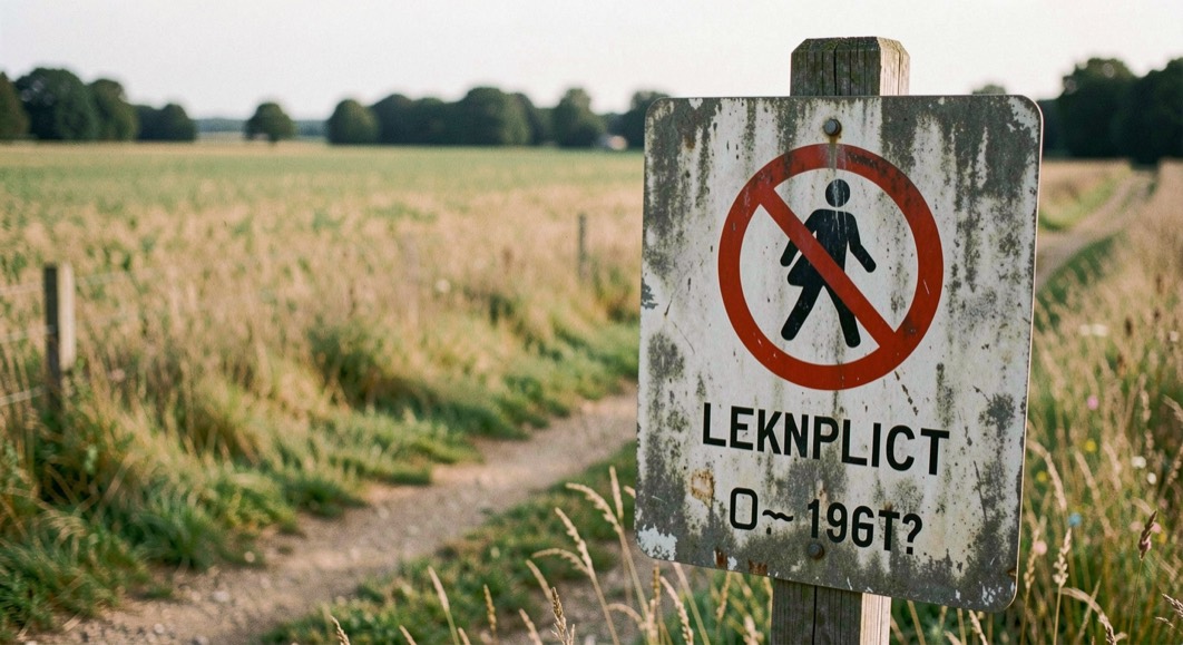 Verwittertes Hinweisschild mit Leinenpflichtsymbol steht am Rand eines Feldwegs vor einer Wiese