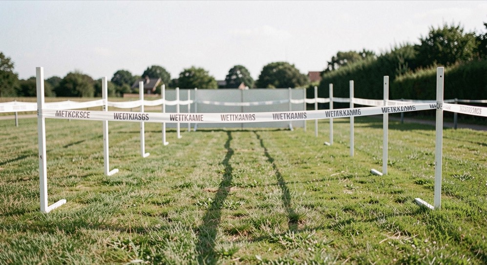 Abgesteckter Wettkampfplatz mit weißen Absperrbändern, Hindernis und Sichtschutzwand auf kurzem Rasen unter hellem Himmel