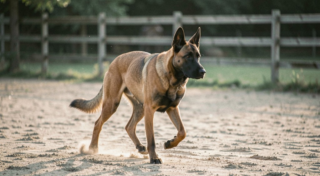 Falbfarbener Malinois mit schwarzer Maske trabt im Morgenlicht über einen sandigen Hundeplatz, im Hintergrund unscharf ein Zaun