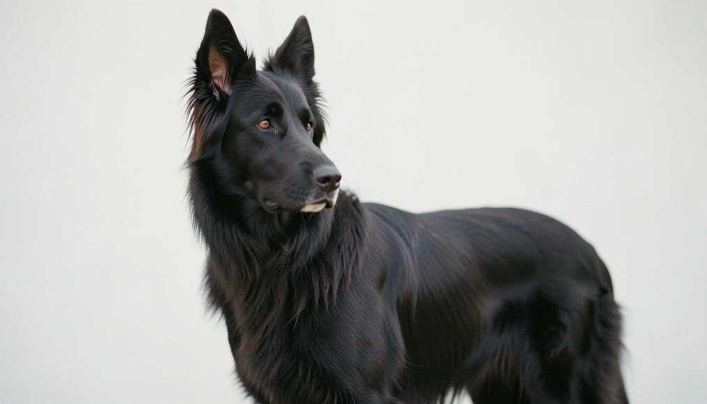 Langhaariger, durchgehend schwarzer Belgischer Schäferhund mit aufrecht dreieckigen Ohren, langem Fang und schlankem quadratischem Körperbau steht vor hellem Hintergrund und blickt aufmerksam zur Seite