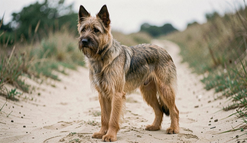 Rauhaariger falbfarbener Belgischer Schäferhund mit hartem drahtigem Fell, aufrecht dreieckigen Ohren, langem Fang und schlankem quadratischem Körperbau steht auf einem sandigen Weg