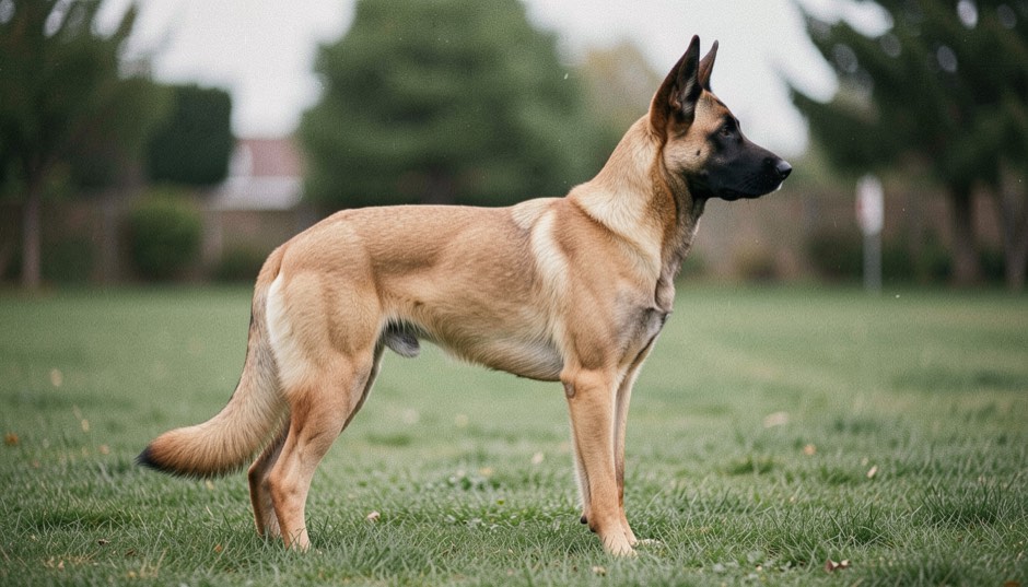 Kurzhaariger Malinois, falbfarben mit schwarzer Maske, sehr kurzem glattem Fell, geradem Rücken und aufrecht dreieckigen Ohren, steht aufmerksam im Profil auf kurzem Rasen