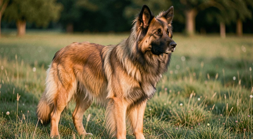 Langhaariger falbfarbener Belgischer Schäferhund mit schwarzen Haarspitzen, dunkler Maske, voller Halskrause, sichtbar aufrecht dreieckigen Ohren und schlankem quadratischem Körperbau steht im Seitenlicht auf einer Wiese