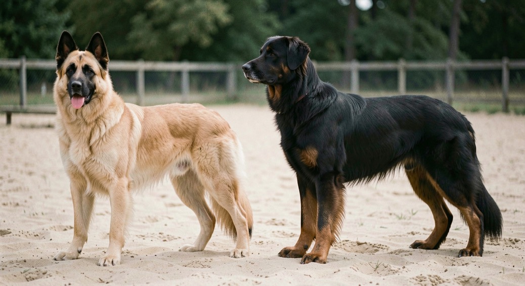 Zwei Schäferhunde unterschiedlicher Rasse stehen im Profil nebeneinander auf einem Sandplatz: links ein kurzhaariger falbfarbener Belgischer Schäferhund mit schwarzer Maske, aufrecht dreieckigen Ohren und quadratischem Körperbau, rechts ein größerer schwarzbrauner Deutscher Schäferhund mit geradem Rücken und länger gestrecktem Rumpf