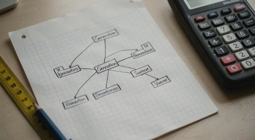 Handgezeichnetes Generationendiagramm mit Verzweigungen auf Millimeterpapier, daneben ein Taschenrechner und ein Lineal