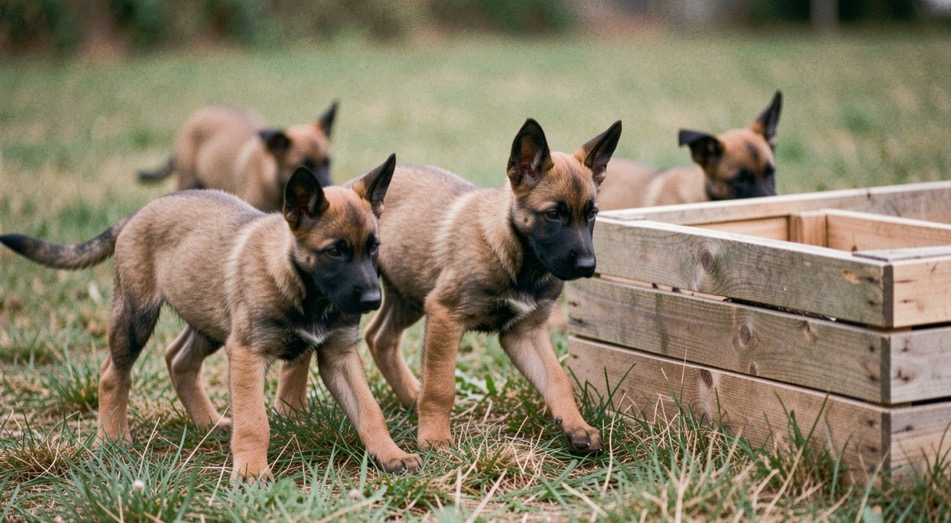 Mehrere wenige Wochen alte falbfarbene Malinois-Welpen mit beginnender schwarzer Maske und schlanken hochbeinigen Körpern tapsen über eine kurze Wiese neben einer flachen Holzkiste